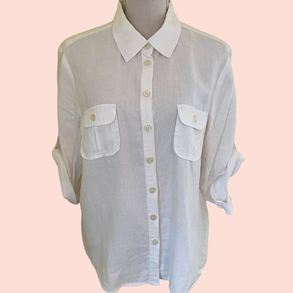 Boden Vintage White Linen Button Down Convertible Sleeve Blouse 18